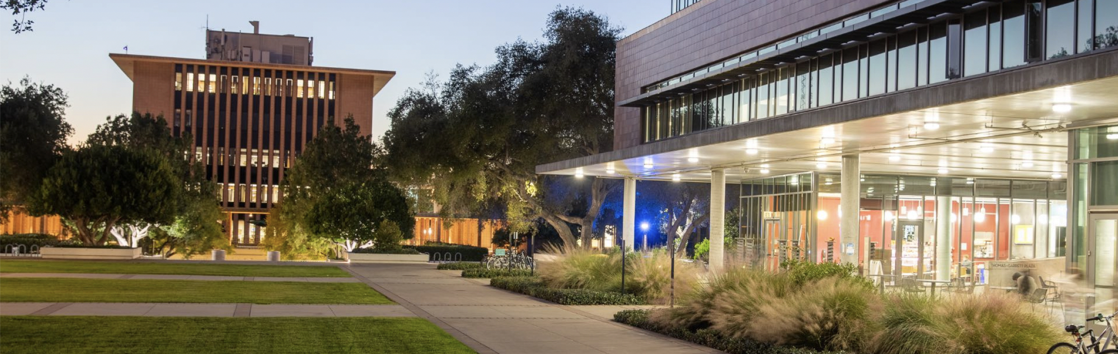 Buildings on Harvey Mudd's campus at dusk